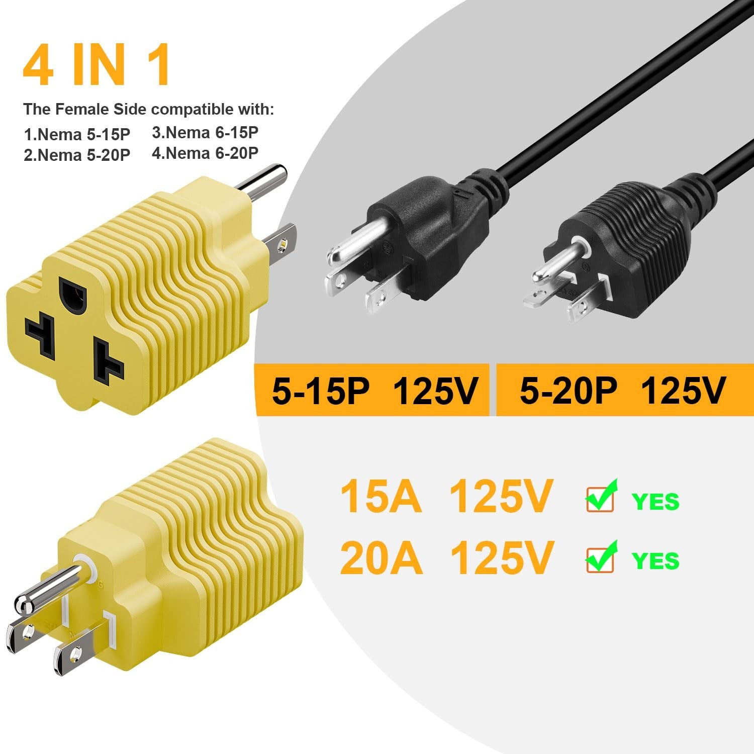 [4-in-1] 15 Amp Household AC Plug to 20 Amp T Blade Adapter,5-15P to 5-20R,5-…