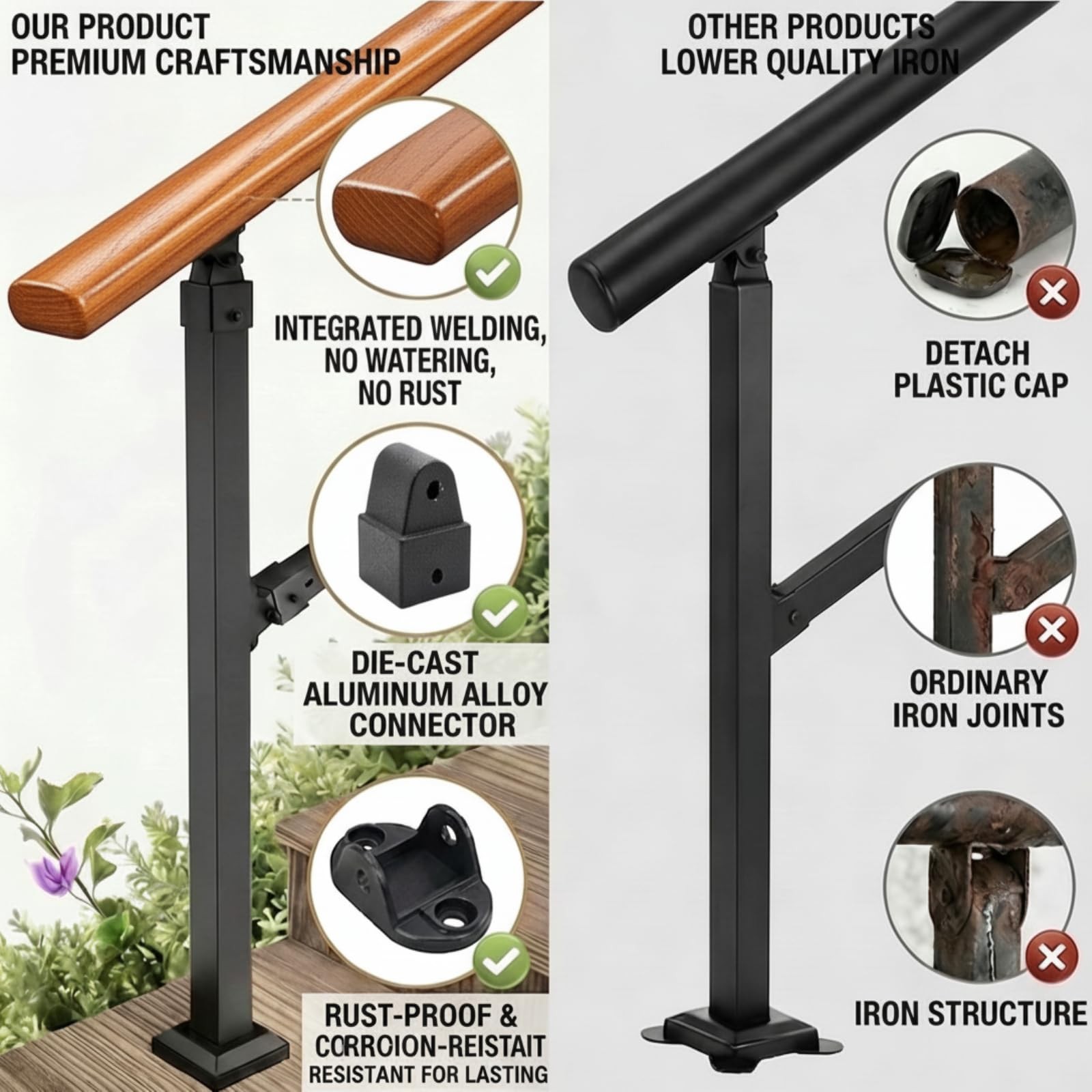 Uokrr Metal Handrail Wood Grain For Elderly 3 Step Hand Rails For Outdoor Steps