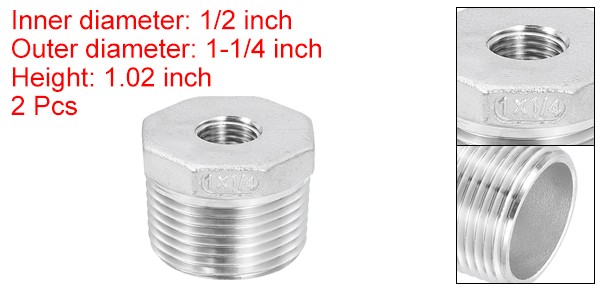 2Pcs 1″ Male to 1/4″ Female NPT 304 Stainless Steel Reducer Hex Bushing