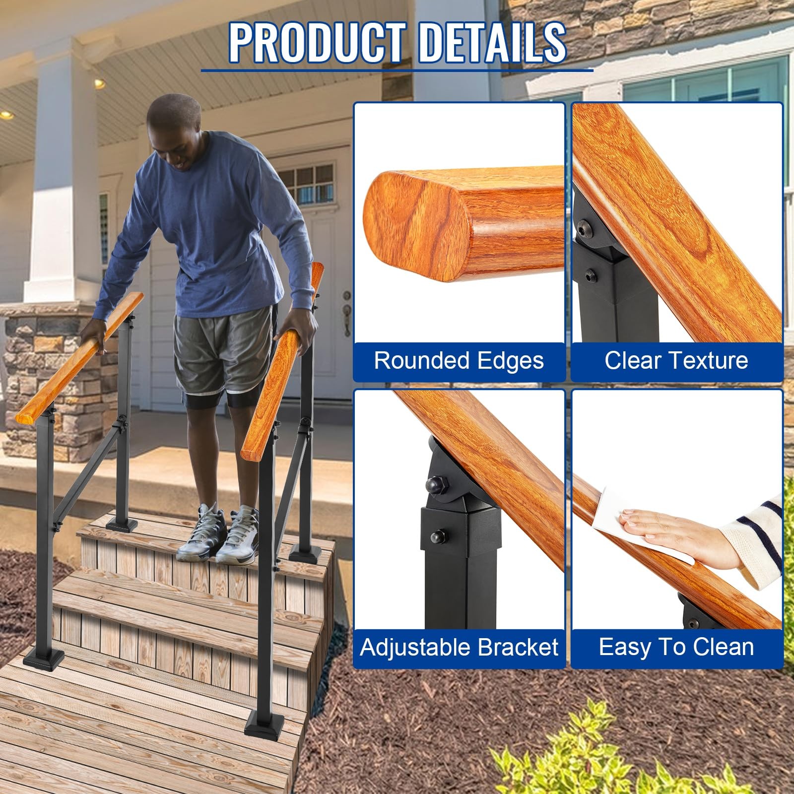 Uokrr Metal Handrail Wood Grain For Elderly 3 Step Hand Rails For Outdoor Steps