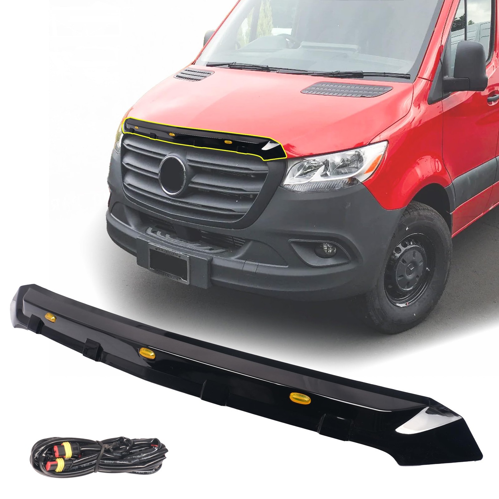 Front Hood Deflector Guard for Sprinter W907 2019-2024 Gloss Black w/LED