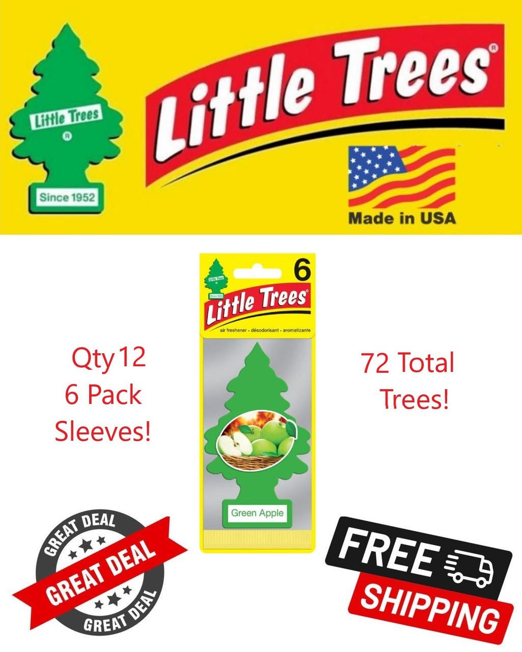 Little Trees 60316 Green Apple Hanging Air Freshener for Car & Home 72 Pack!
