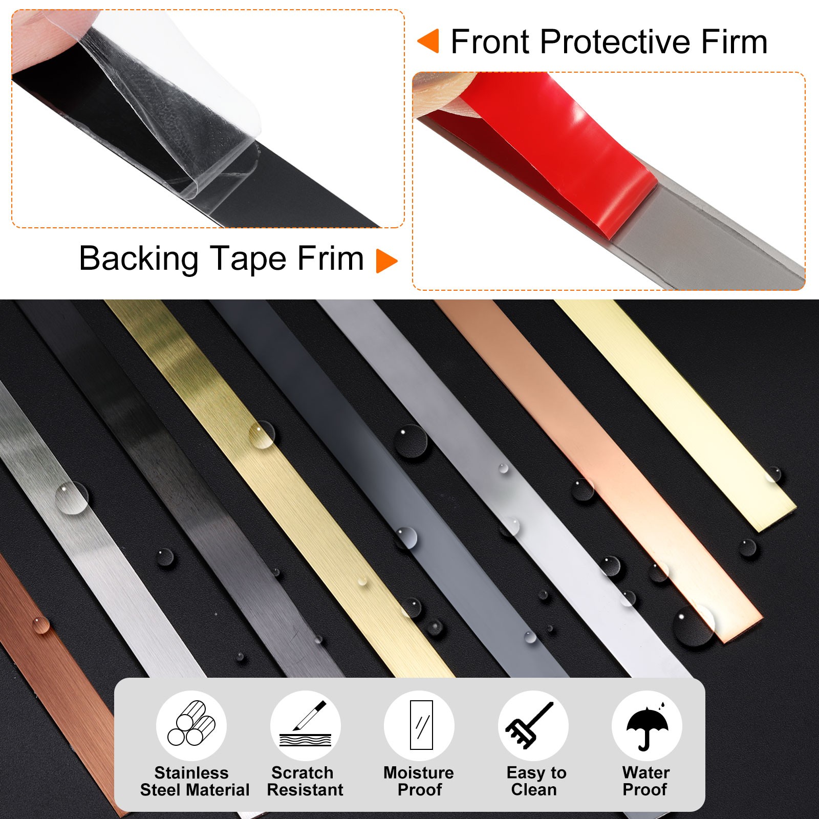 9.8ft x 0.98″ Wall Trim Self Adhesive Stainless Steel Mirror Finish Trim Black