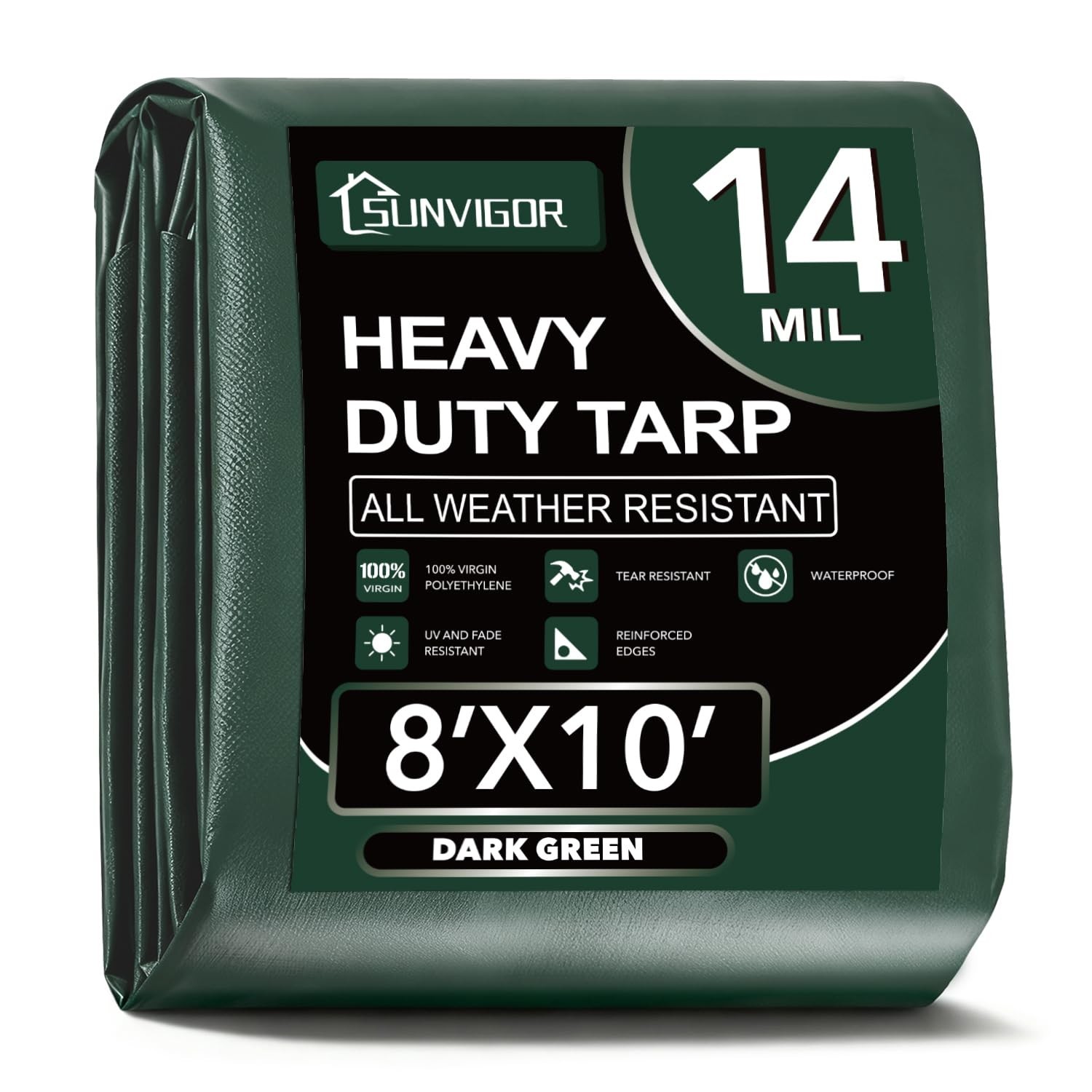 Sunvigor Tarp Waterproof 8x10Ft, Extra Thick 14 Mil Heavy Duty Tarp Cover, Te…