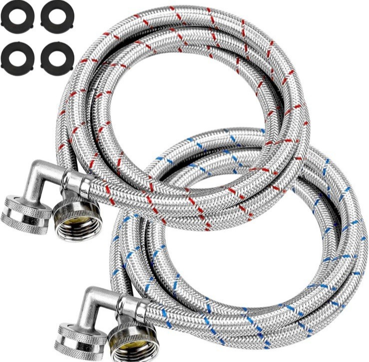 6FT Washer Stainless Steel Hoses with 90 Degree Elbows Red and Blue