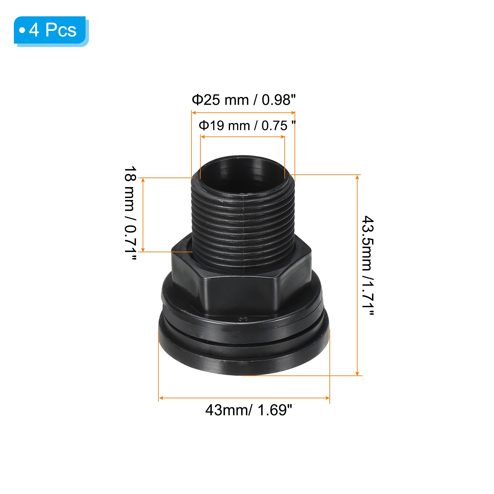 4 Pcs Bulkhead Fitting 1/2 x 3/4″ Water Tank Connector Black