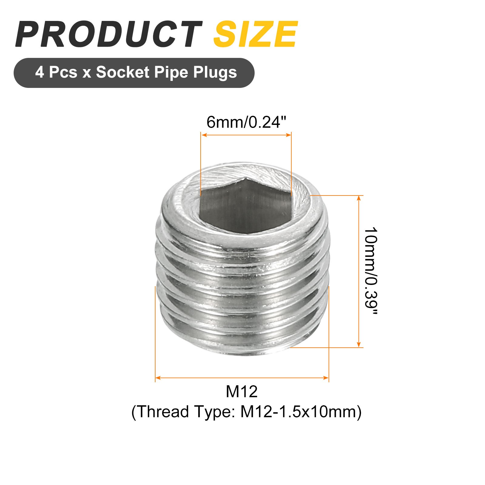 4Pcs Pipe Plugs M12-1.5x10mm Stainless Steel Hex Thread Pipe Caps Silver