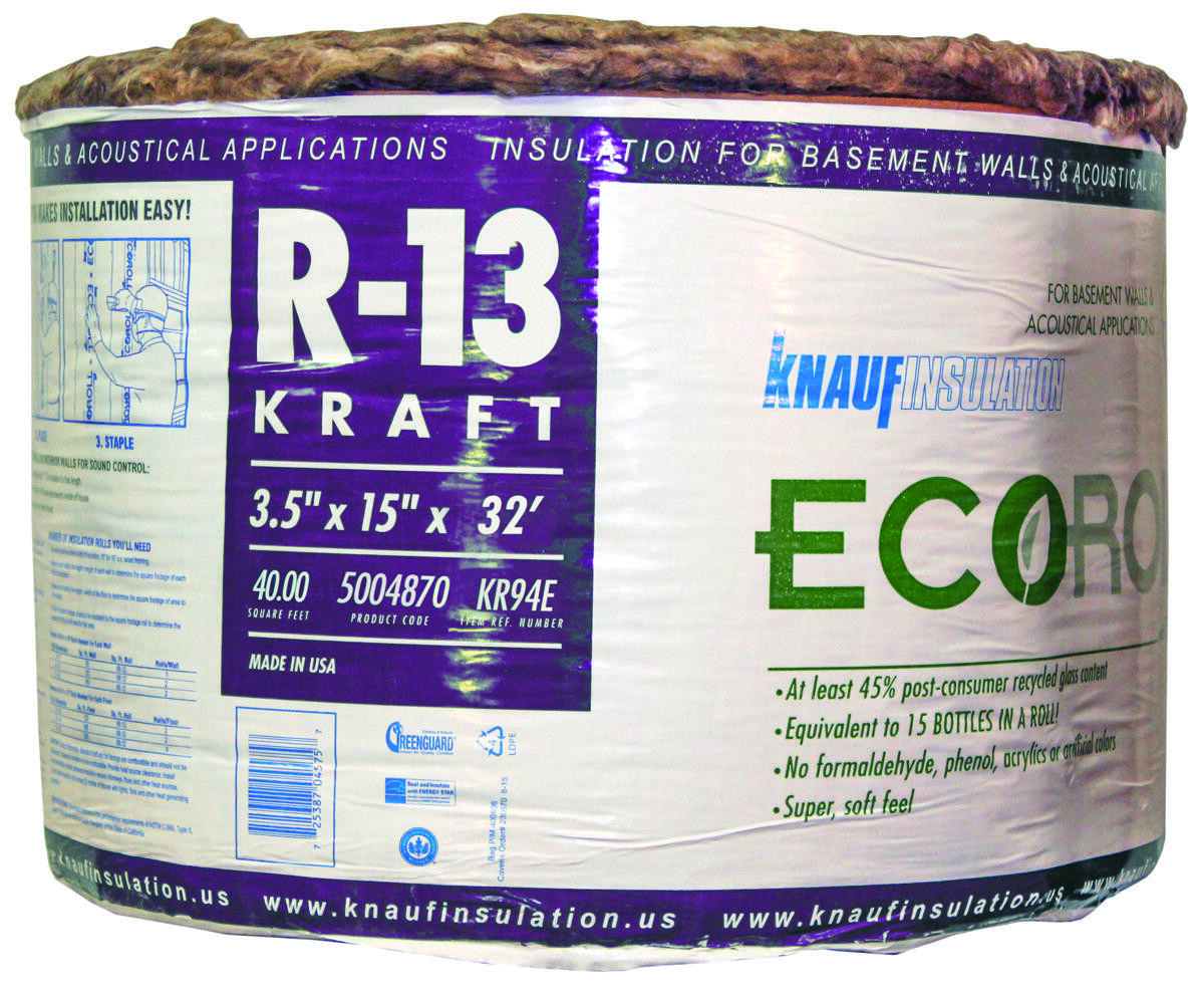 Kraft Faced Insulation, 32 ft L, 15 in W, R13 R-Value, Fiberglass