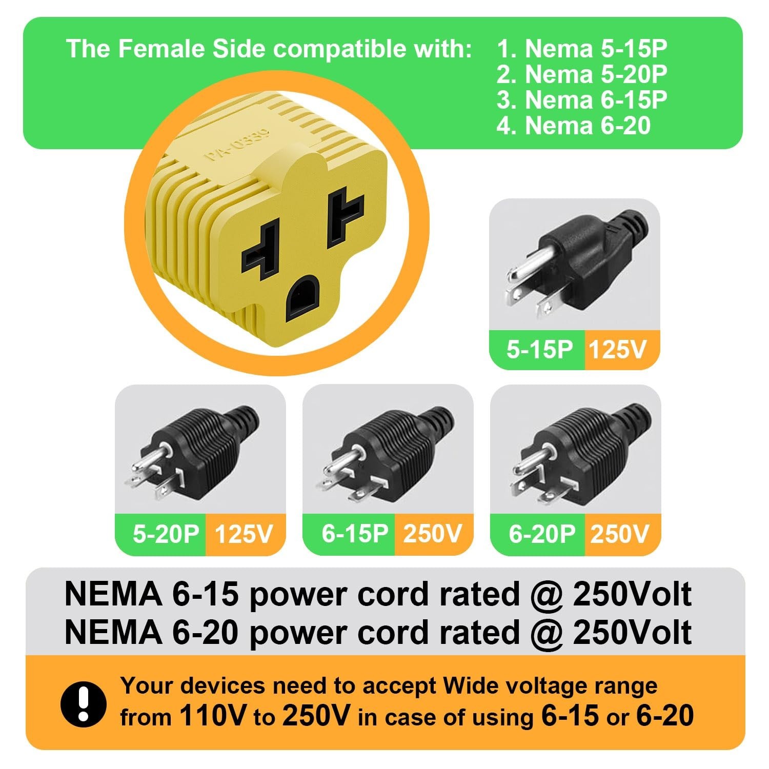 [4-in-1] 15 Amp Household AC Plug to 20 Amp T Blade Adapter,5-15P to 5-20R,5-…