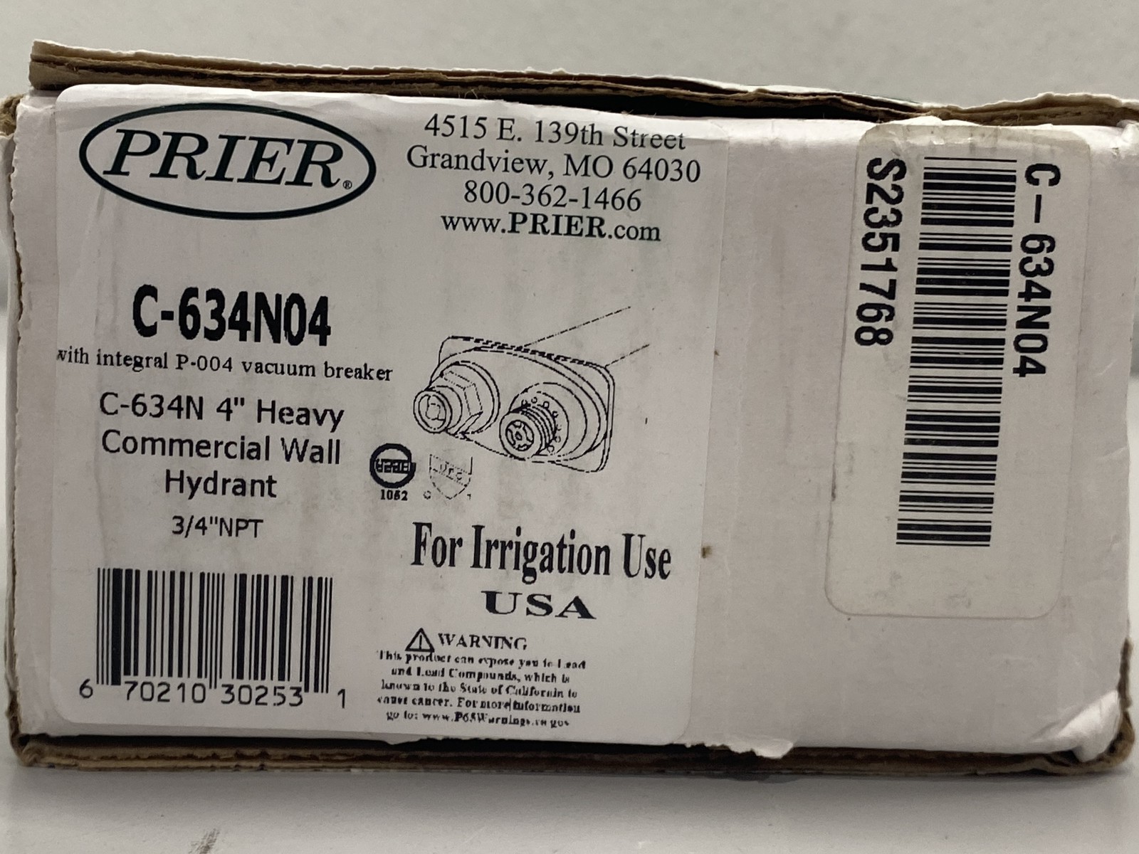 PRIER C-634N04 Heavy Commercial Wall Hydrant 4″ Frost Proof 1″ MIP x 3/4″ FIP