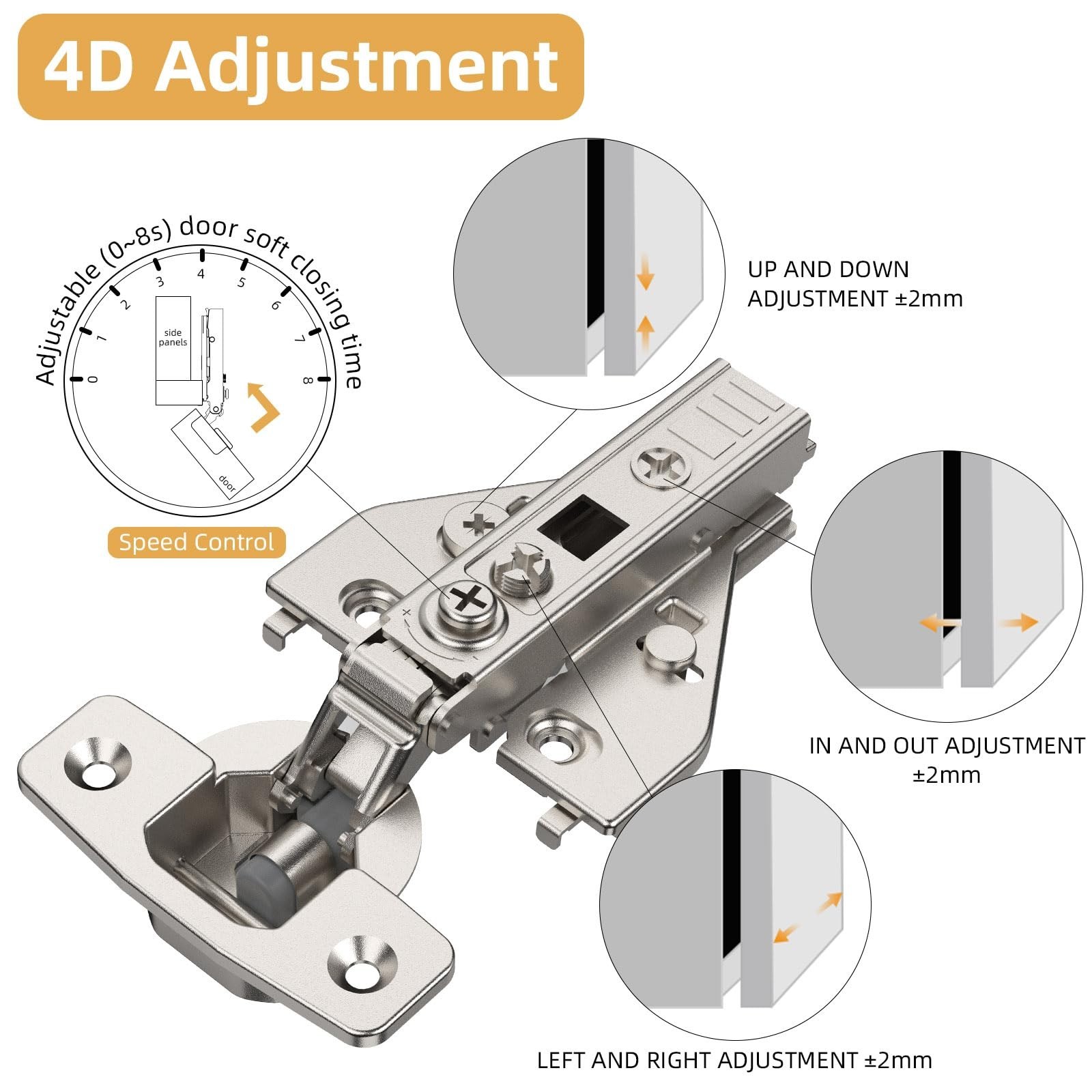 Furniware 10 Pack Full Overlay Soft Close Cabinet Hinges, Speed Control 4D Ad…