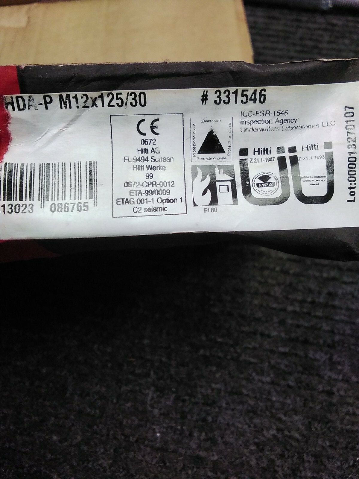 NOS Box of 8 HIlti 331546 Undercut Concrete Anchor HDA-P M12 x 125/30