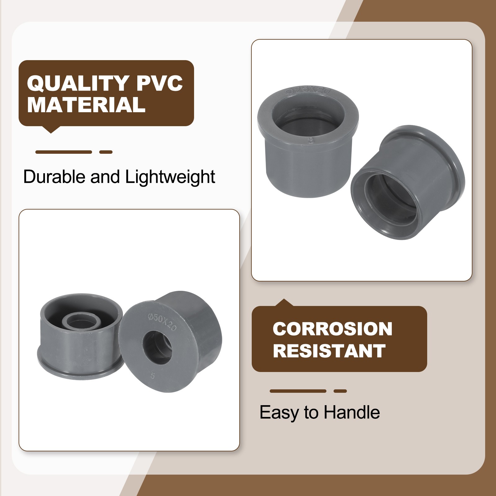 10 Pcs PVC DWV Reducer Bushing 2″ x 3/4″ (Socket x Socket) Connector Grey