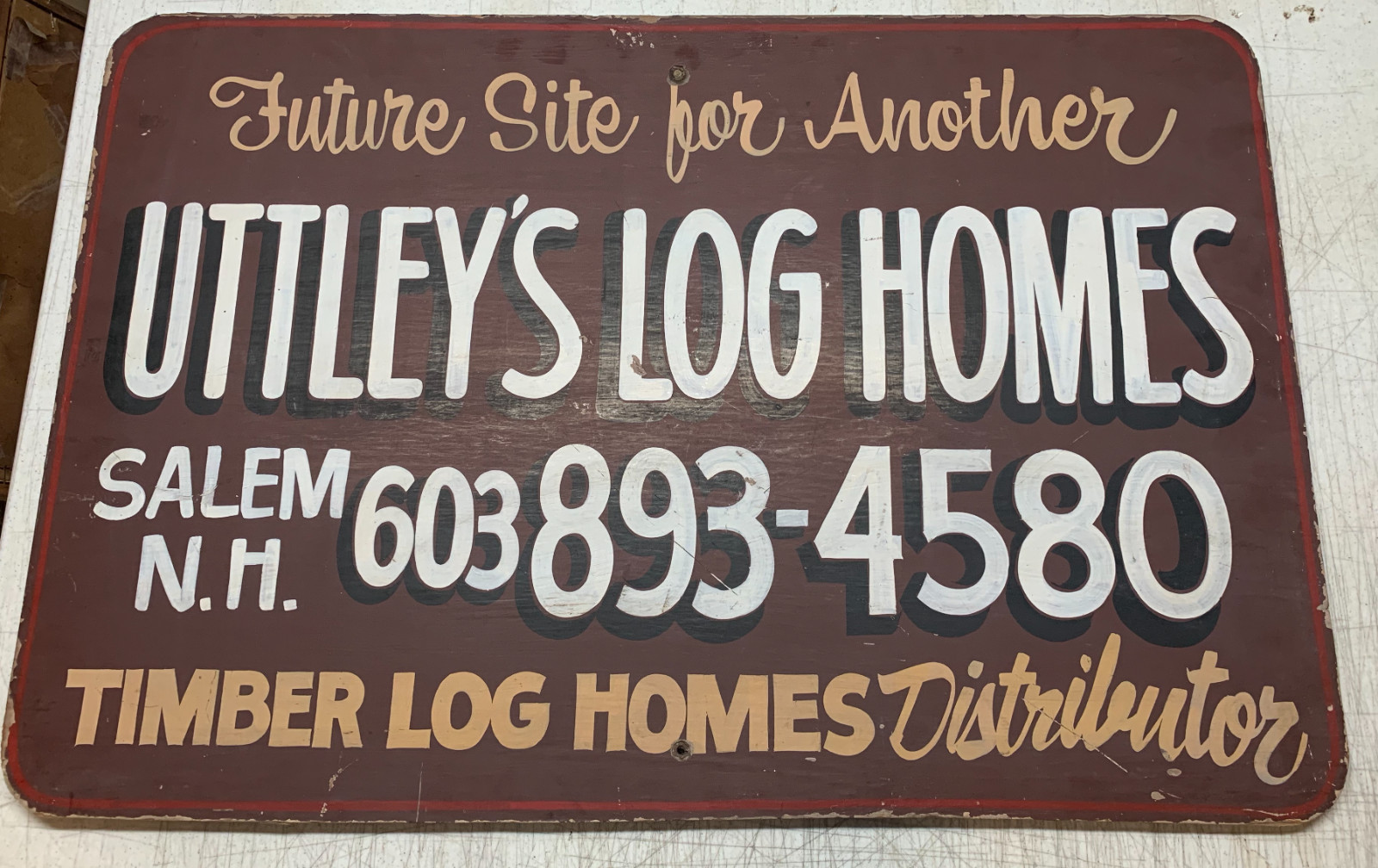 Vintage Uttley’s LOG CABIN Homes New Hampshire White Mountains PAINTED SIGN