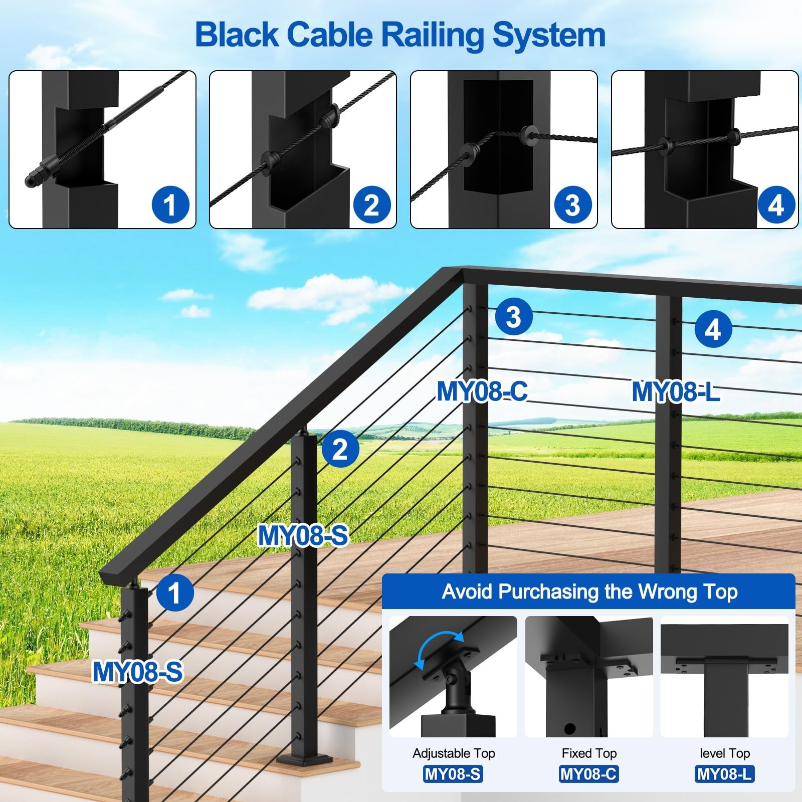 4FT Complete Set 36″ Cable Railing Post Kit(35″x2″x2″), 2pcs Stainless Steel …