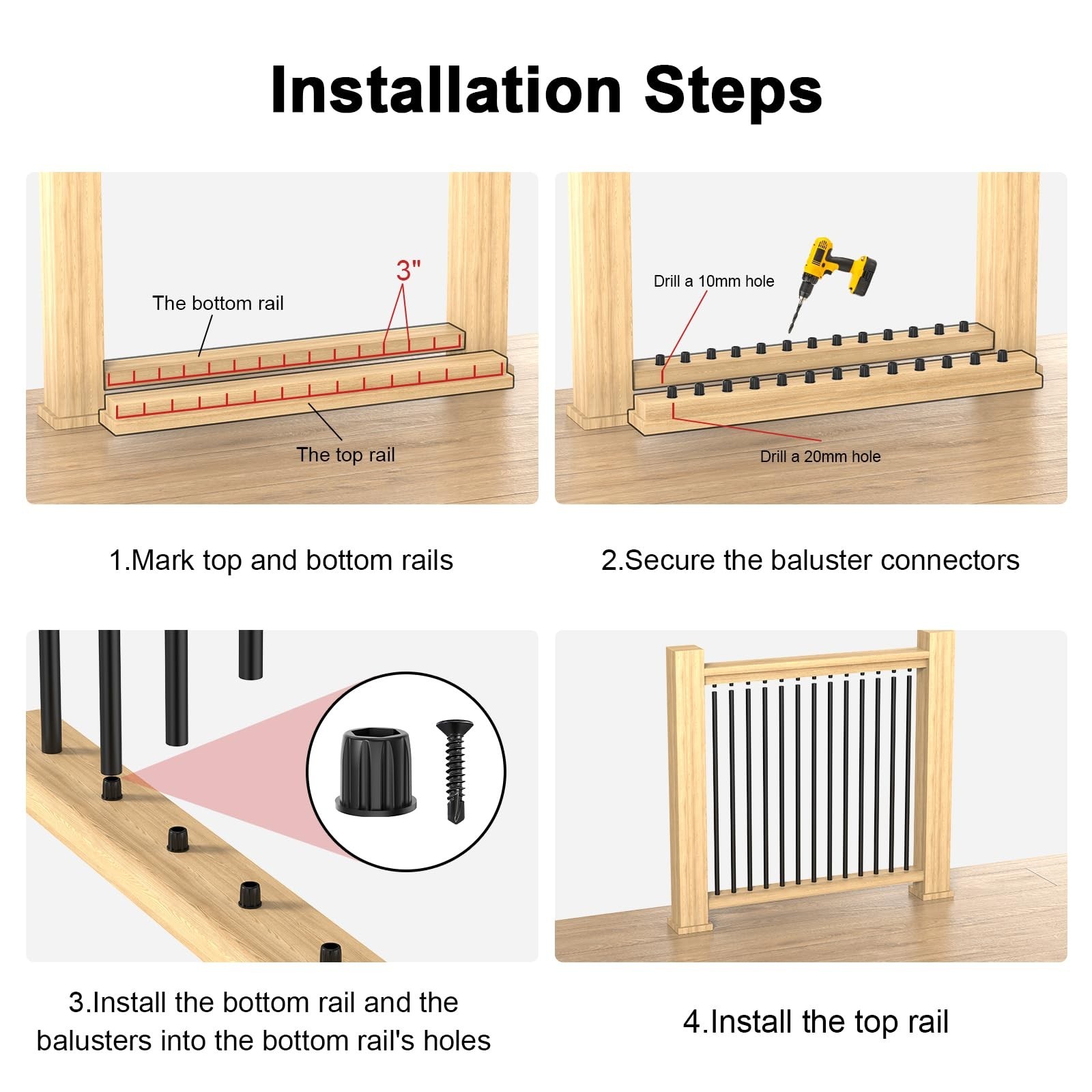 BLIKA 100 Pack 36″ Black 3/4″ OD Aluminum Deck Balusters w/ Connectors