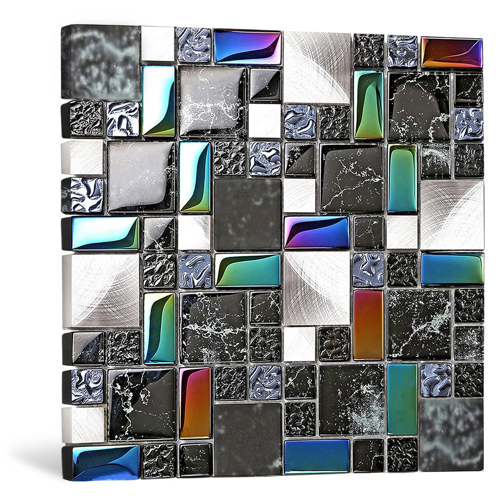 Blujellyfish Wall Backsplash Tile Black Glass Silver Metal Iridescent Vibrant
