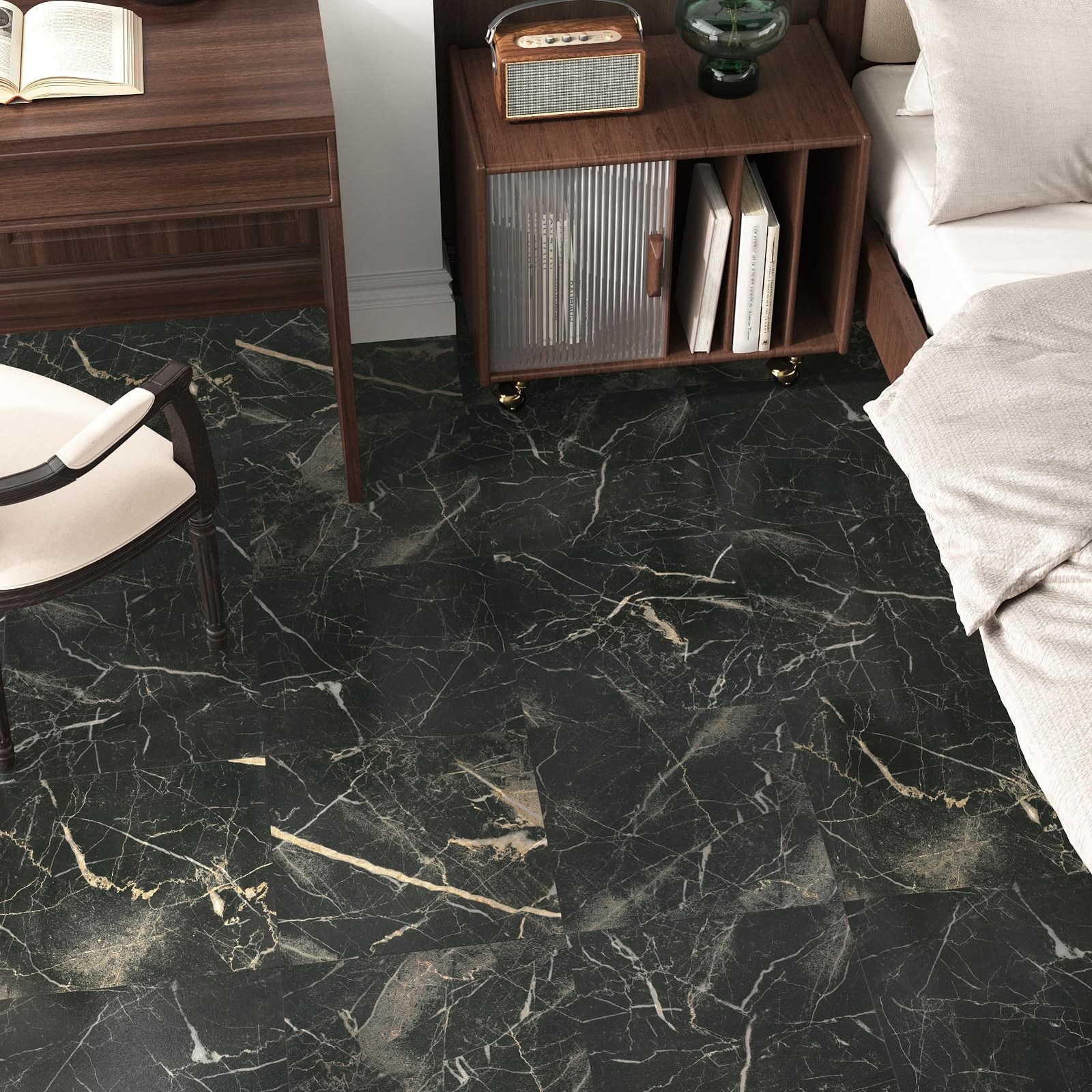 Wallderful Marble Peel and Stick Floor Tile Black 12″x12″x0.06″, Gold