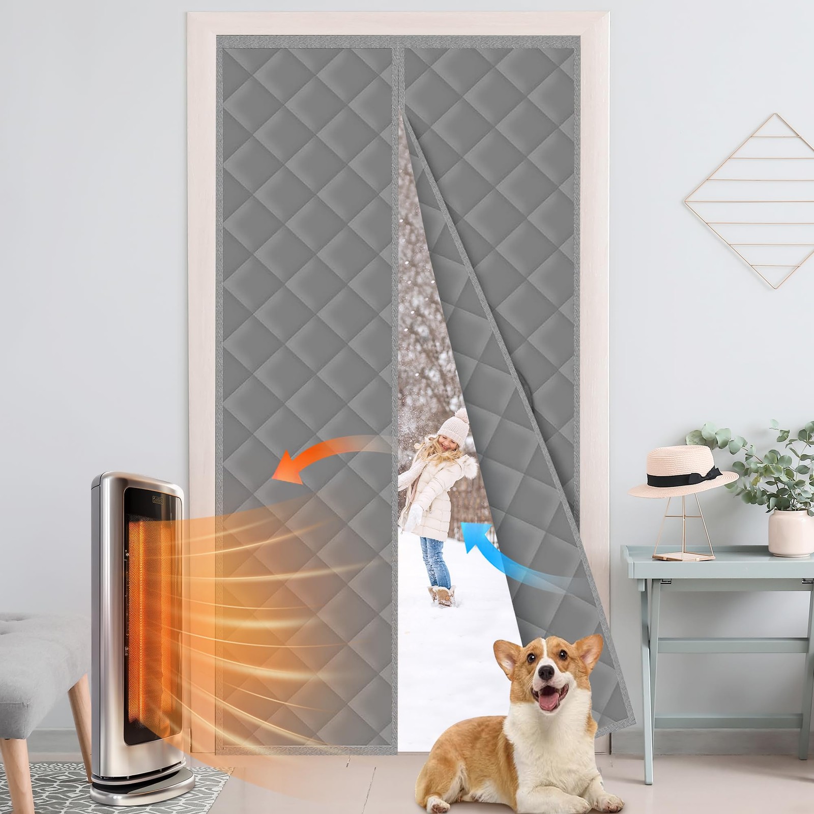 Magnetic Thermal Insulated Door Curtain Cover Block Fit 36*82 in door, Gray