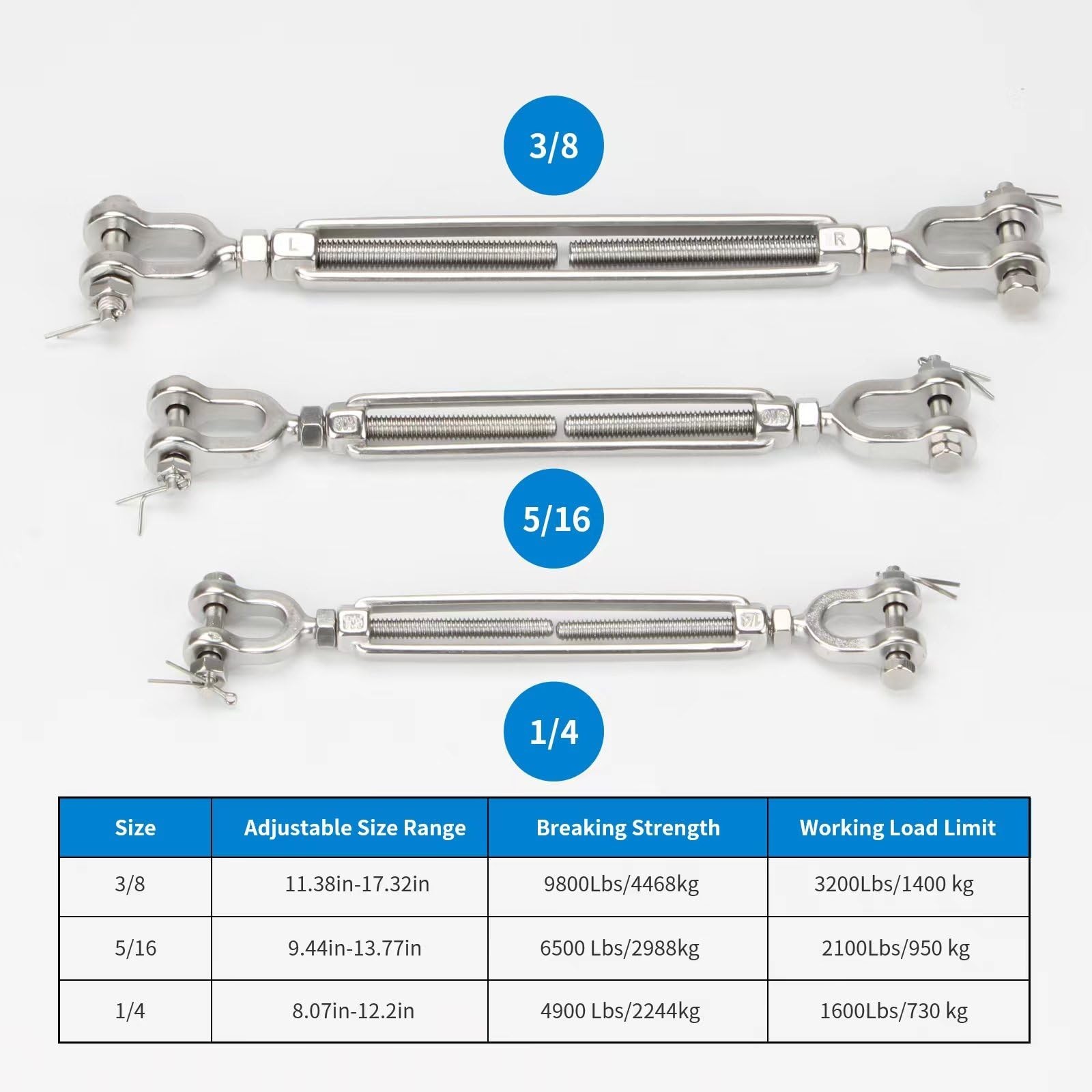 2 Pack Turnbuckle 5/16 M8 304 Stainless Steel Jaw and Jaw Turnbuckle, 2100 lb…