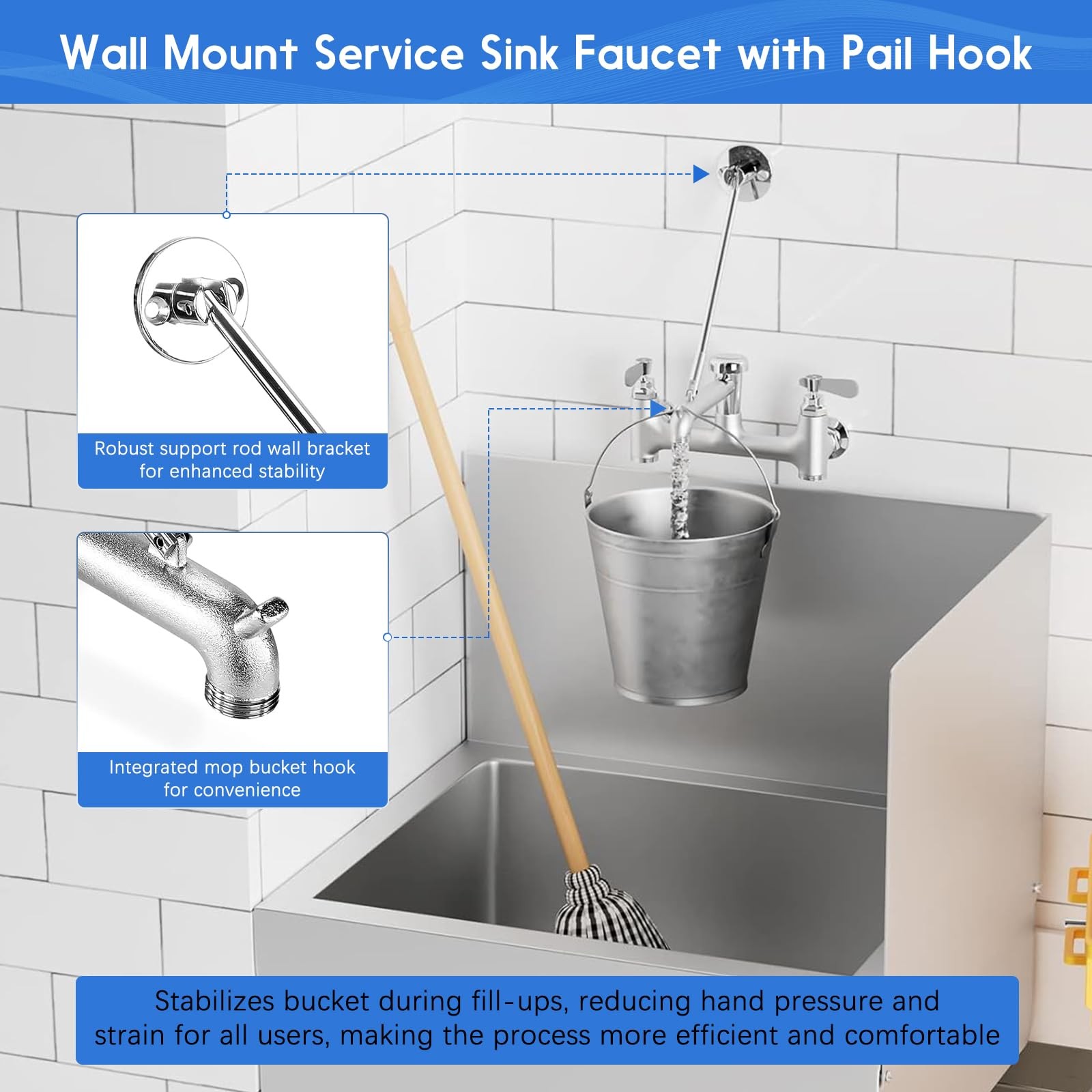 Sink Faucet Wall Mount 8in Vacuum Breaker 3/4 Inch Hose Adjustable Center Chrome