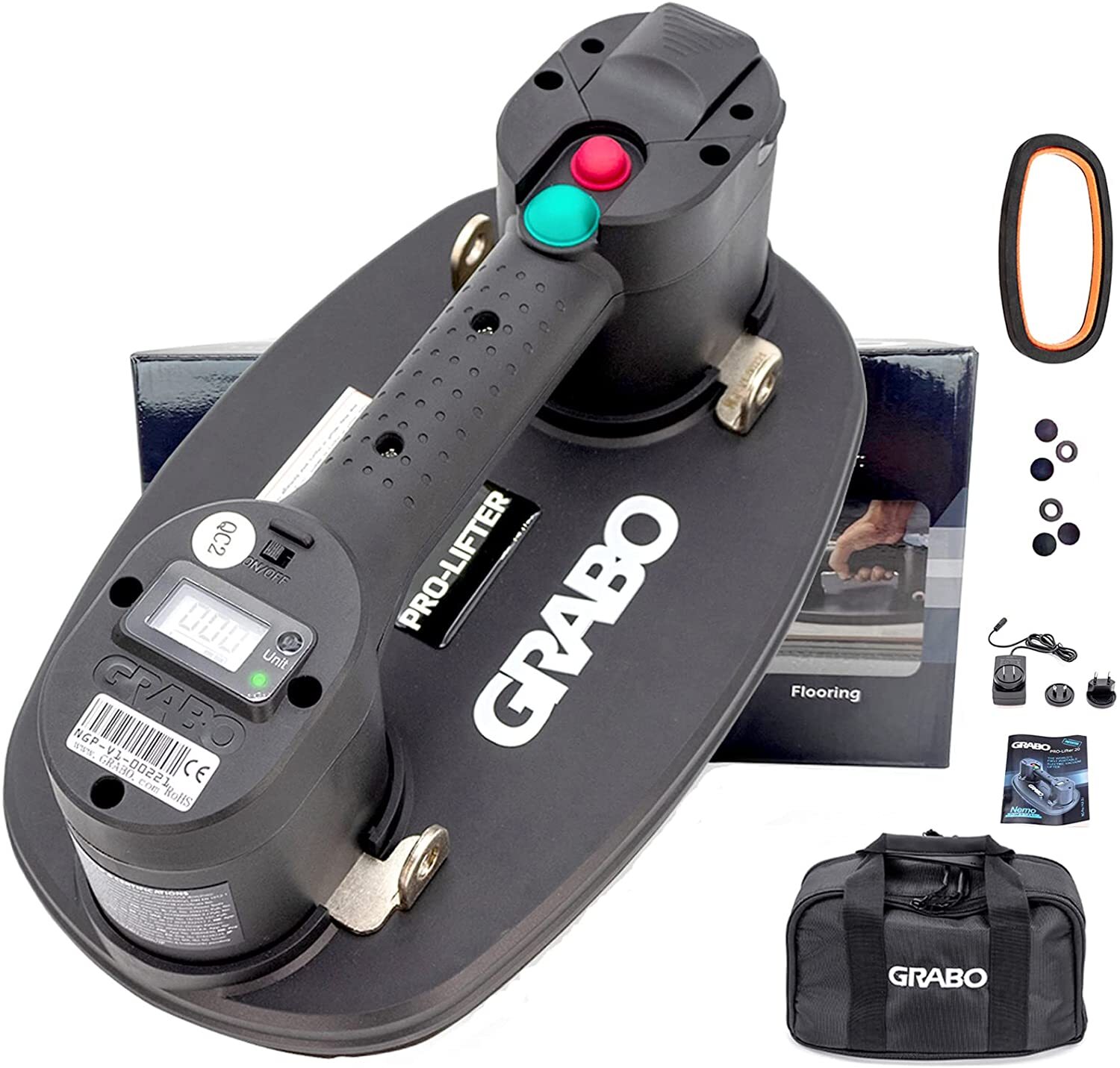 GRABO PRO Electric Vacuum Suction Cup Lifter, (Lifts 375 lbs) + Battery