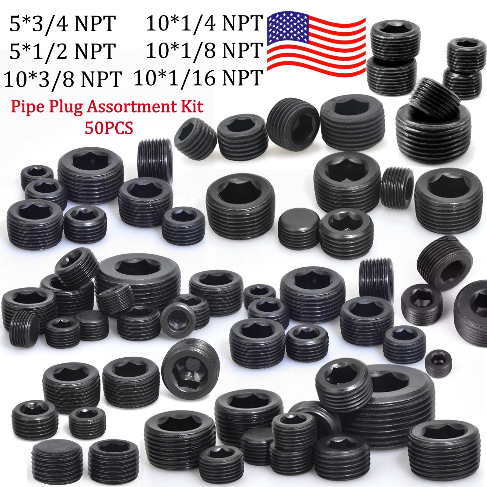 50PCS NPT Plug Set Pipe Plug Assortment Kit 1/16″ 1/8” 1/4” 3/8” 1/2″3/4″ NPT