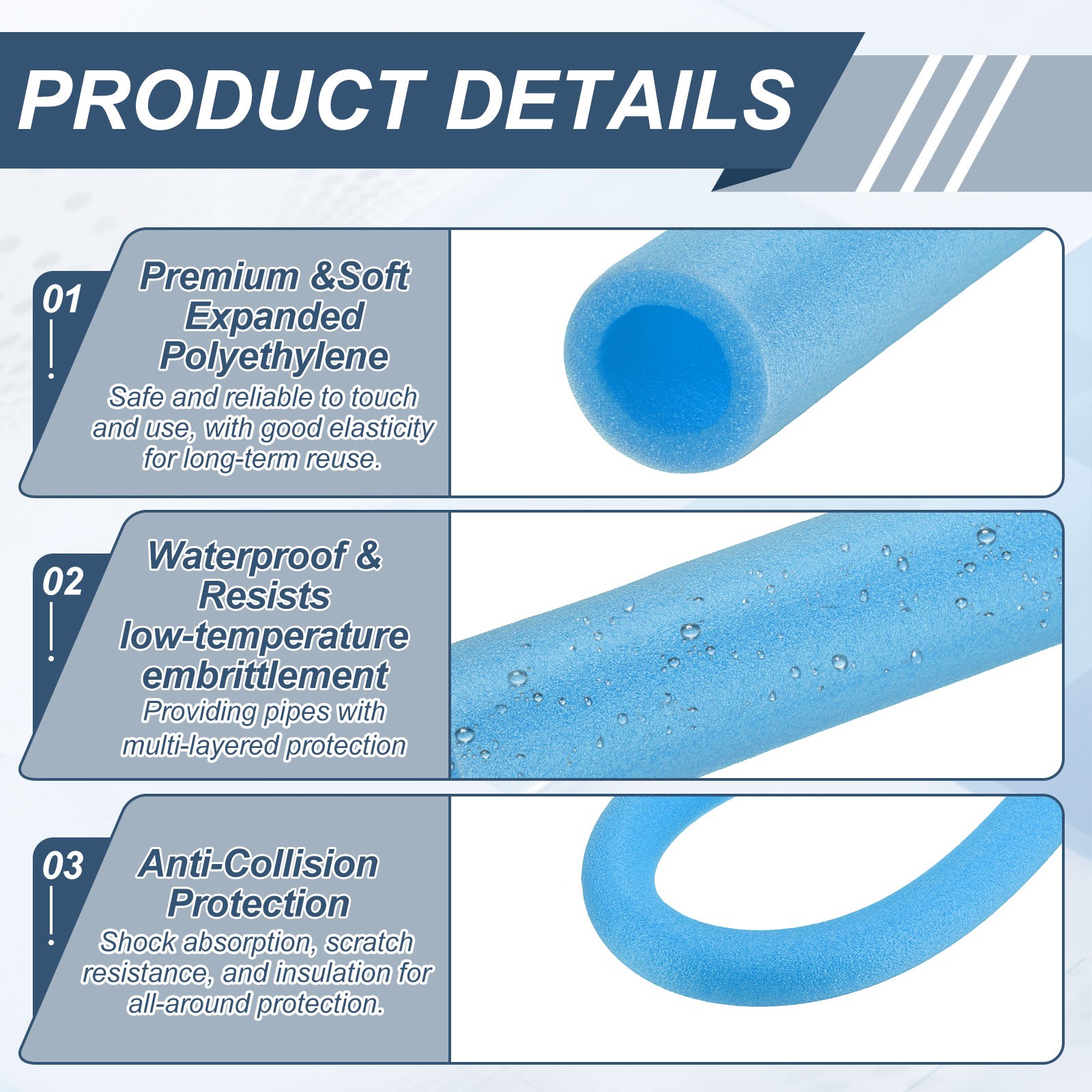 3pcs 1-1/4″ ID 3.3FT Pipe Insulation Foam Tube 2.05″ OD Tubing Cover Blue