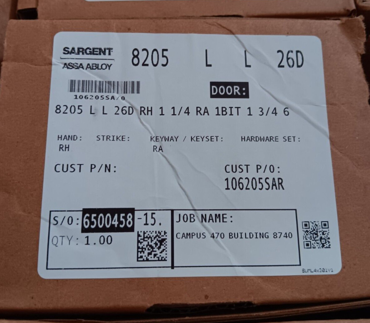 (1) Sargent 8205 LL 26D RH 1 1/4 RA 1BIT 1 3/4 Mortise Lock