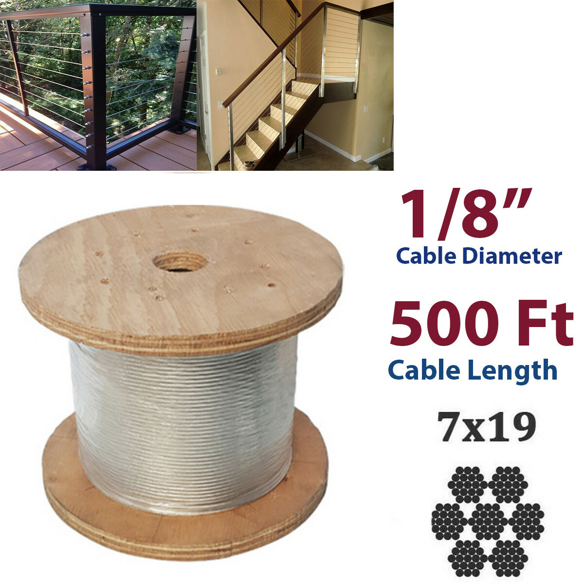 500 Feet 1/8 inch 7×19 Cable Rail Wire SS 316 Extra Corrosive Resistance