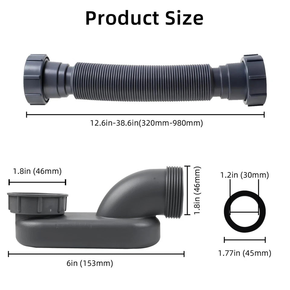 Low Profile 1 1/2″ P Trap Flexible Bathtub & Shower Drain 29 inches, Gray