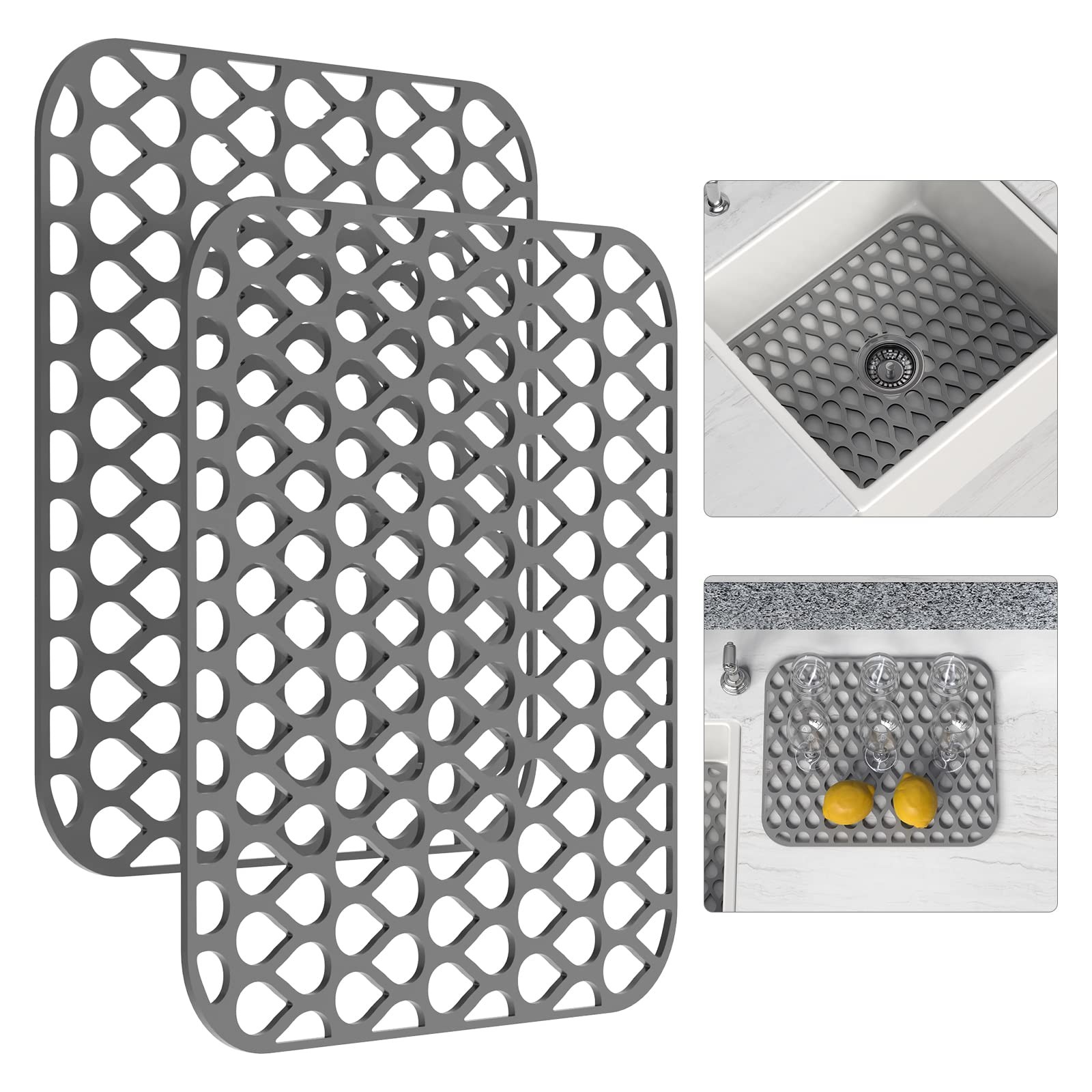 Silicone Sink Mat 2PCS TOOVEM Protectors for 2Pack-13.58″x 11.6″, Gray