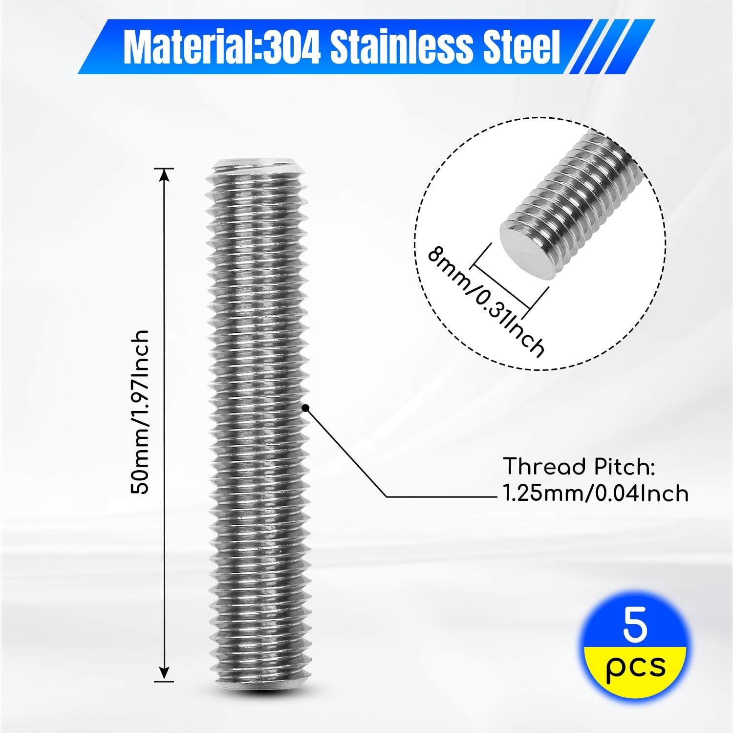 M8 x 1.25 x 50mm Fully Threaded Rod, 304 Stainless Steel All Thread Stud, Hig…
