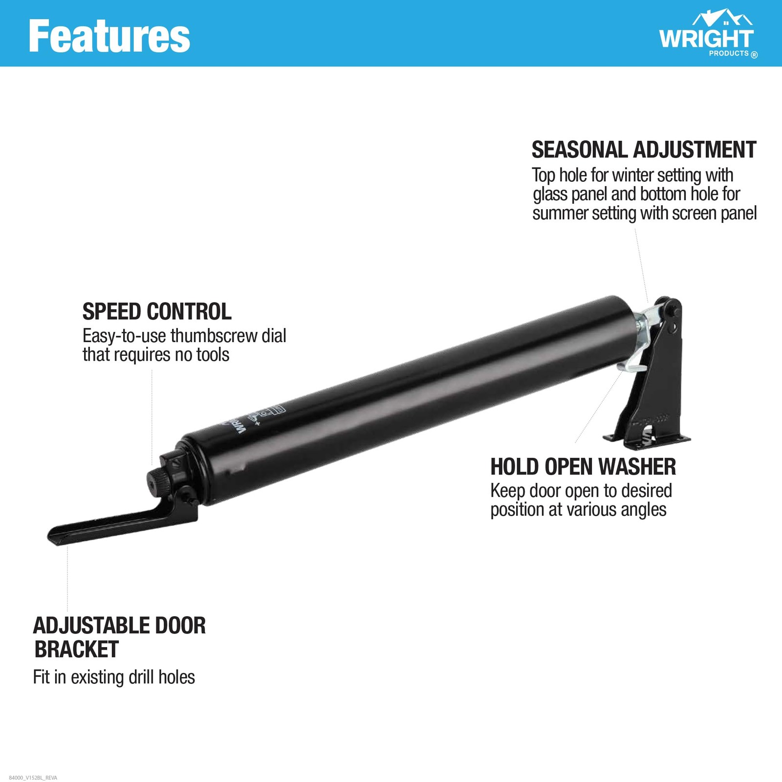 Heavy Duty Pneumatic Storm Door Closer Adjustable Quiet Closing Modern Black