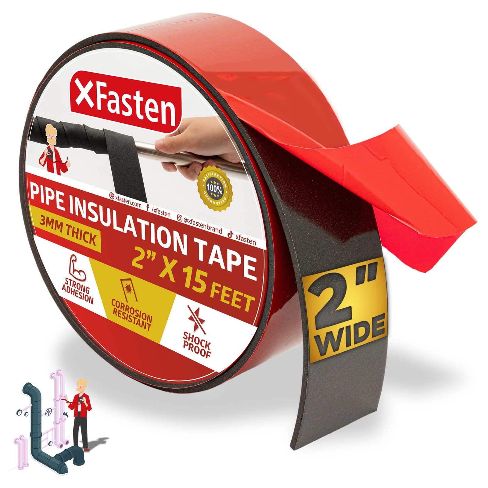 XFasten Foam Pipe Insulation Tape 2 Inch x 15 Feet Heavy-Duty AC Line Black
