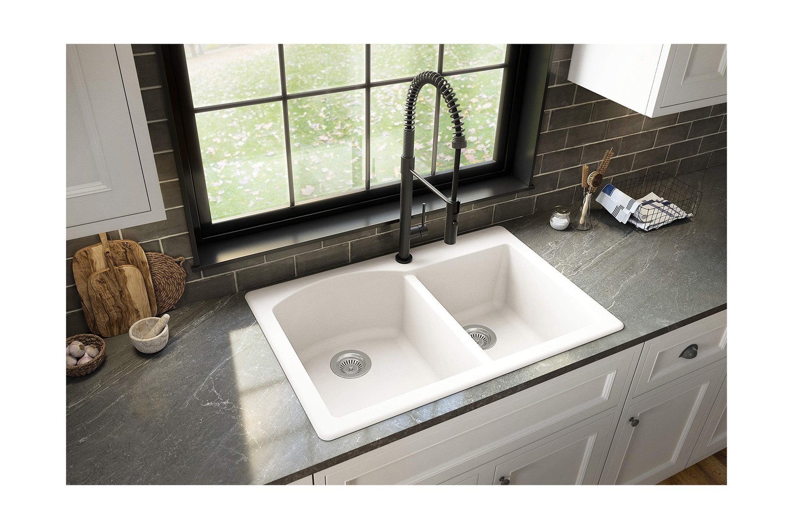 Karran 33″ Drop-In/Top Mount Quartz Composite 1-Hole 60/40 Double Bowl Kitche…
