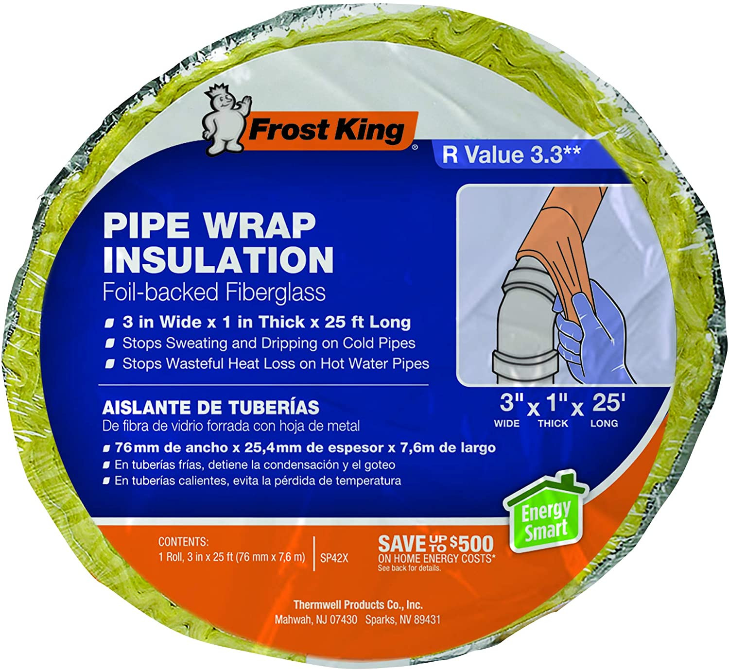Frost King Foil Backed Fiberglass Pipe Wrap, 3″X1″X25′