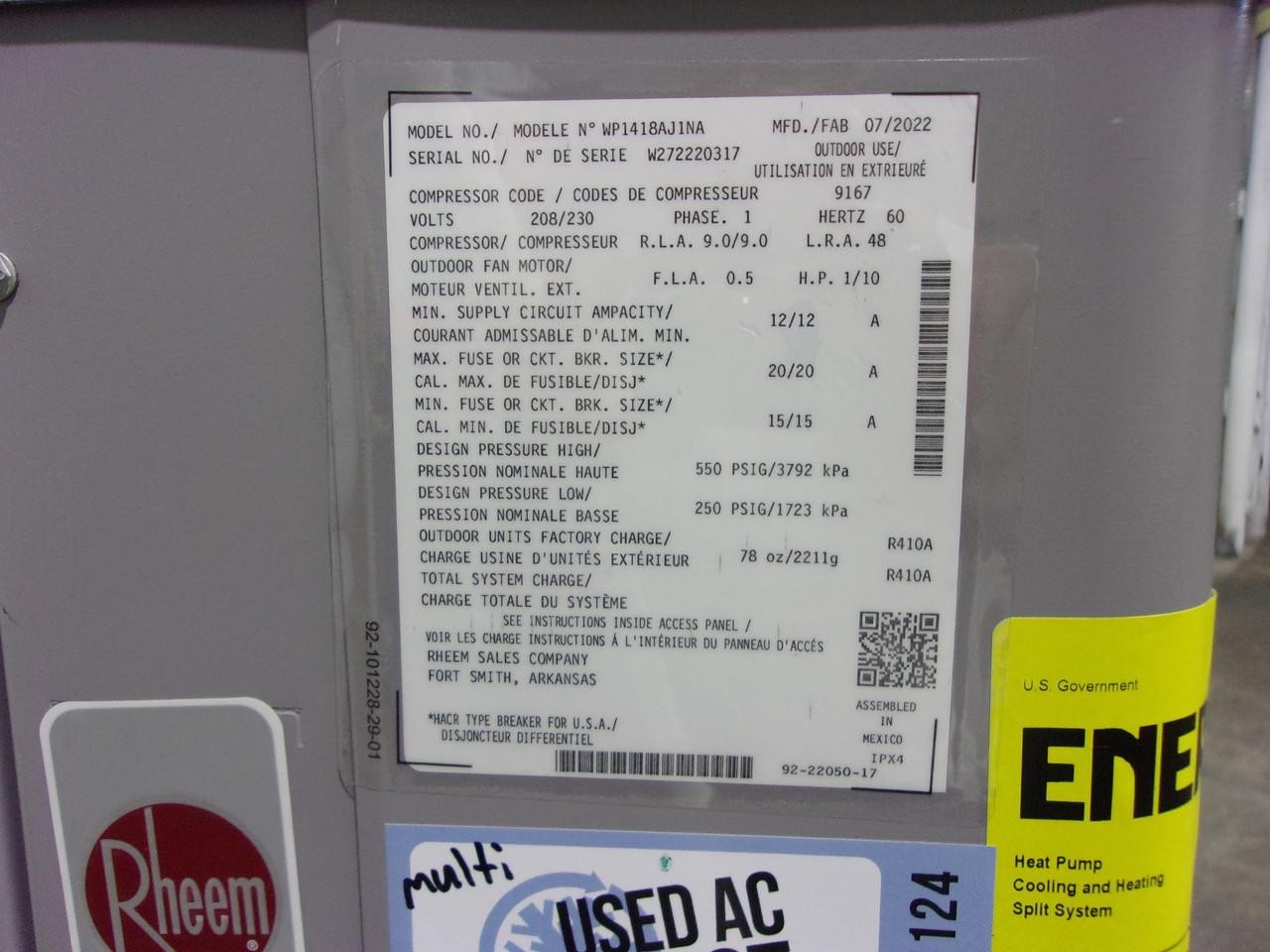 RHEEM Scratch & Dent Central Air Conditioner Condenser WP1418AJ1NA ACC-19566