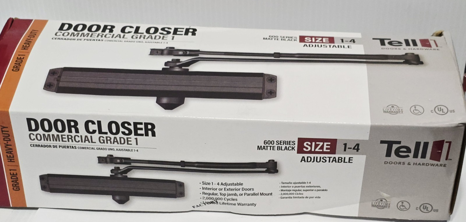 Tell 600 Series Door Closer Grade 1 Adjustable, Matte Black Aluminum Hydraulic