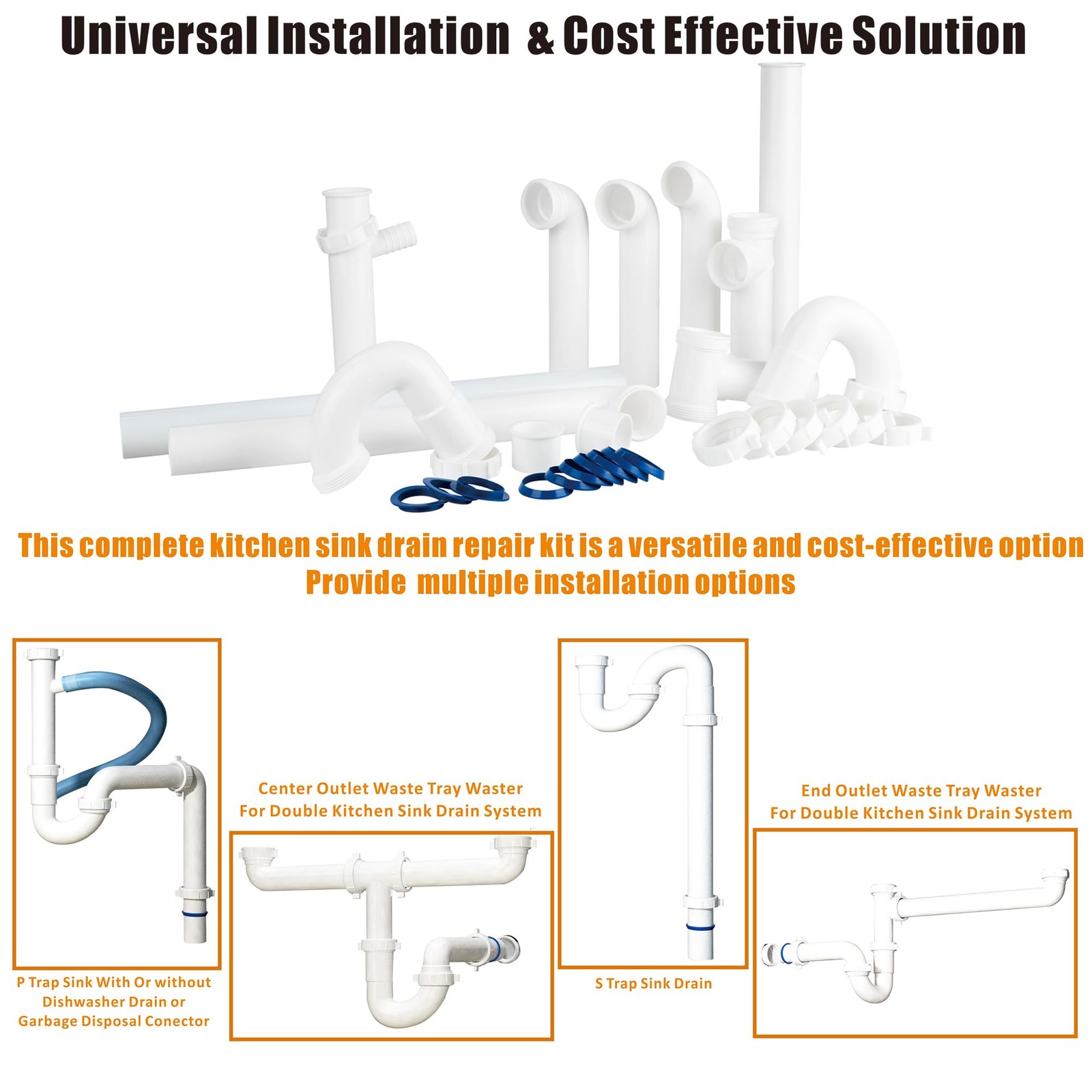 Kitchen Sink Drain Kit,1-1/2”,for Most Repair Kit White