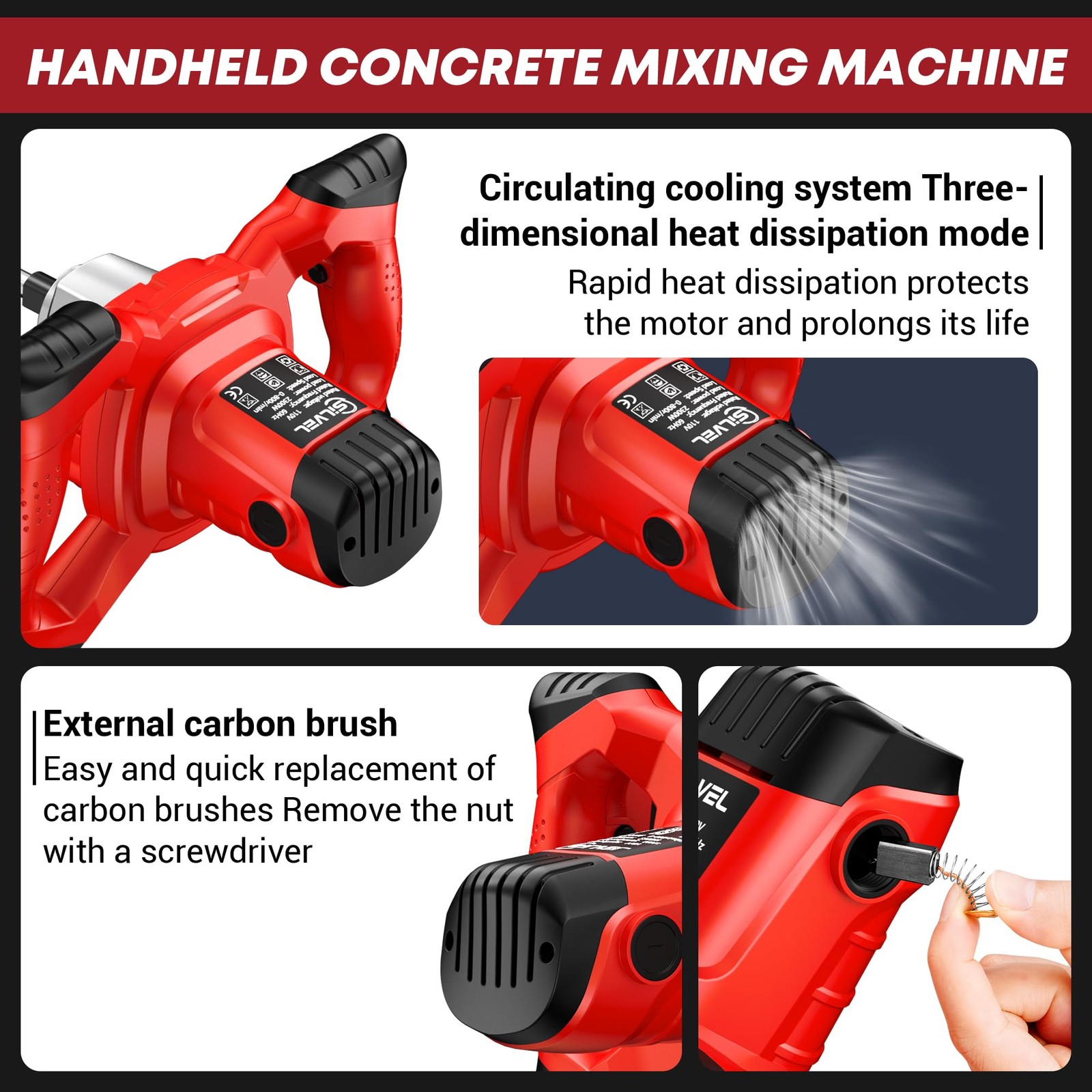 Cement Mixer, Max 2400W Electric Concrete Mixer with 6 Adjustable Speeds, Por…