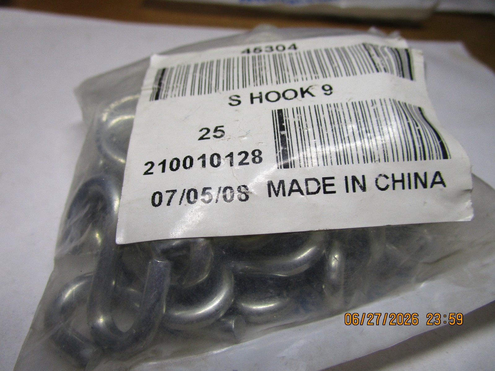 #9 1″L-Inside .162″-Wire 106lb-WLL Zinc Plated S-Hook QTY 25