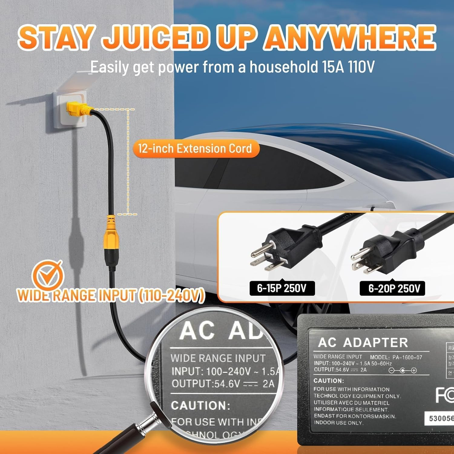 Outdoor 12 Inch 15 Amp Household to 20 Amp AC Power Adapter Cable Waterproof 12A