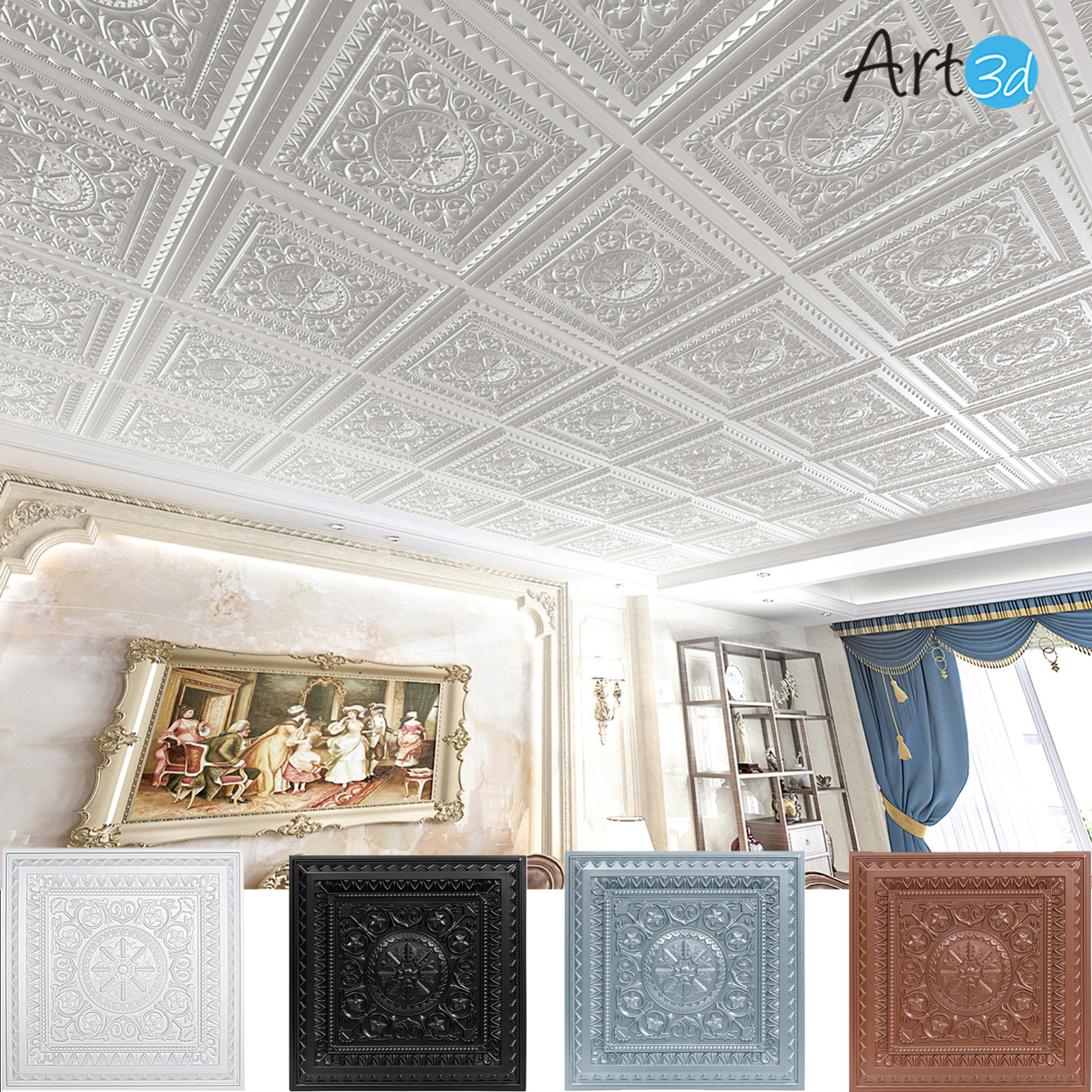 Art3d 12-Pack PVC Drop Ceiling Tiles, 2’x2′ Glue up Ceiling Tile，Cover 48 Sq.ft