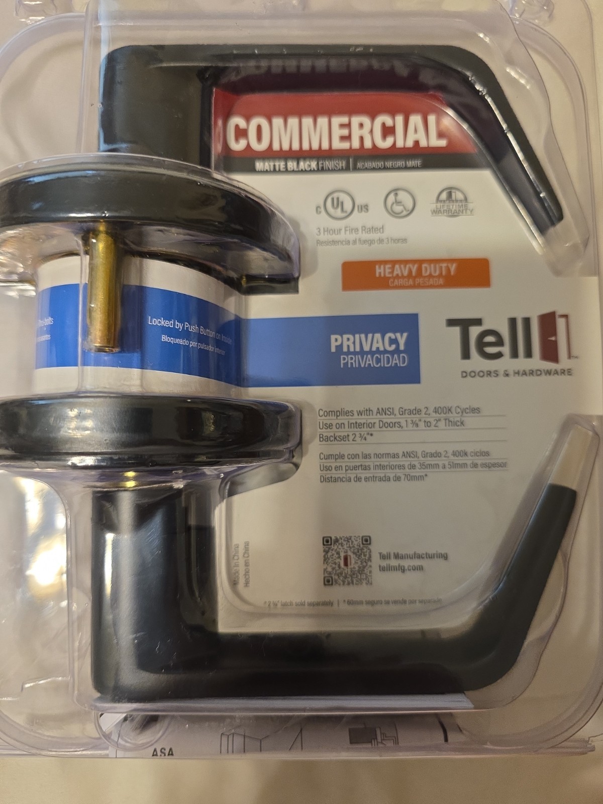 Tell Commercial Heavy Duty, Privacy Door Handle 3 Hour Fire Rated Matte BLACK