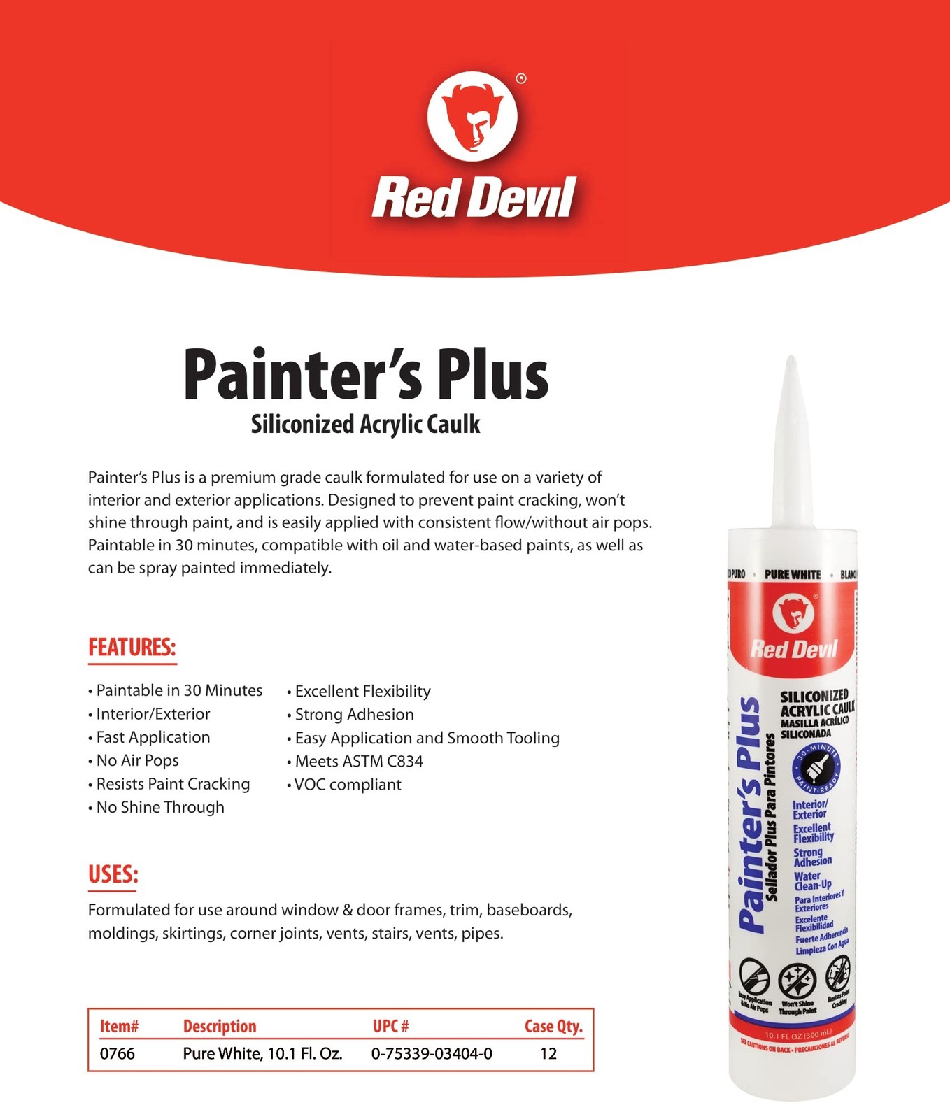 Red Devil 0766 Painter’s Plus Siliconized Acrylic Caulk, 10.1 oz., White, 12 …