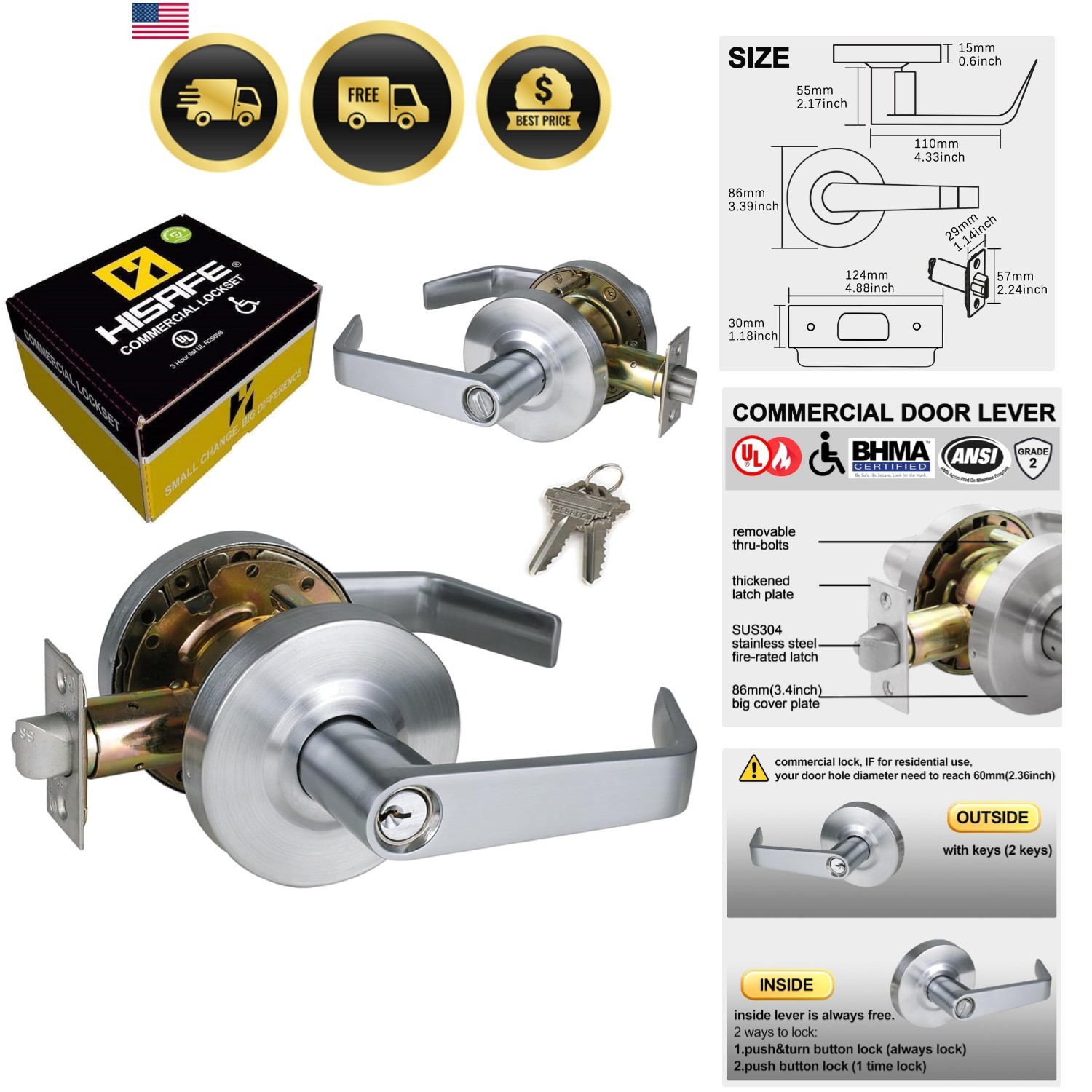 Commercial Door Lock Heavy Duty Lever Lock Fire Rated ADA Compliant Satin Chrome