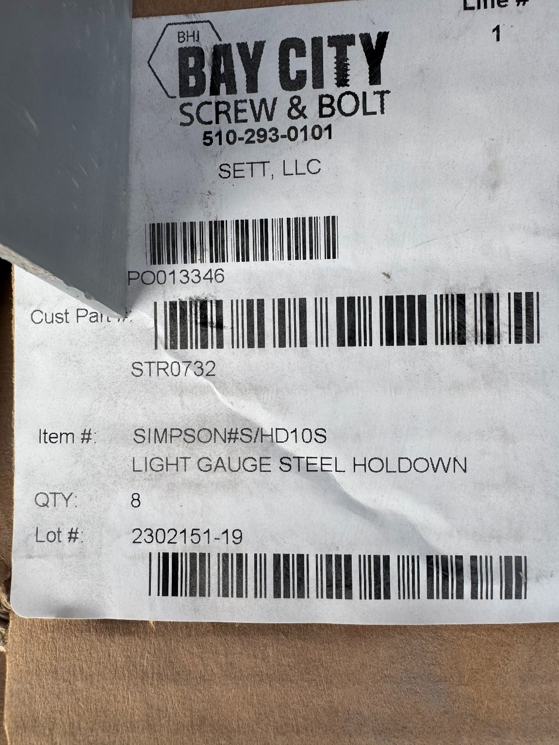 (8) Simpson Strong-Tie S/HD10S Light Gauge Steel Holdown Qty 8 Made in USA