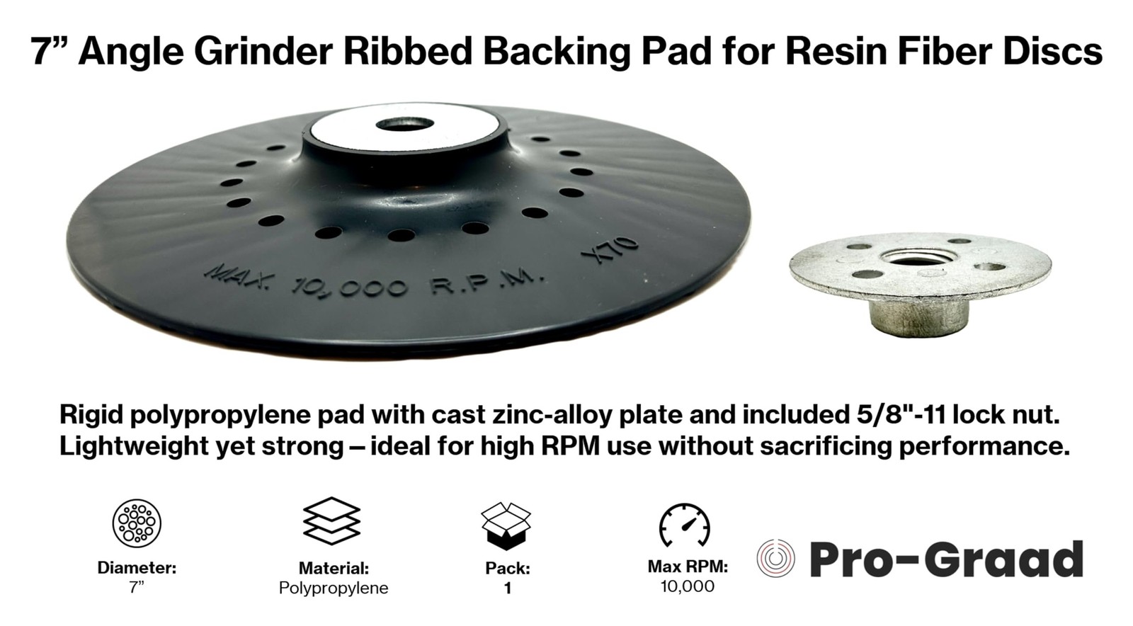 Pro-Graad 7 Inch Rigid Backing Pad for Resin Fiber Discs – 5/8-11 Threaded…