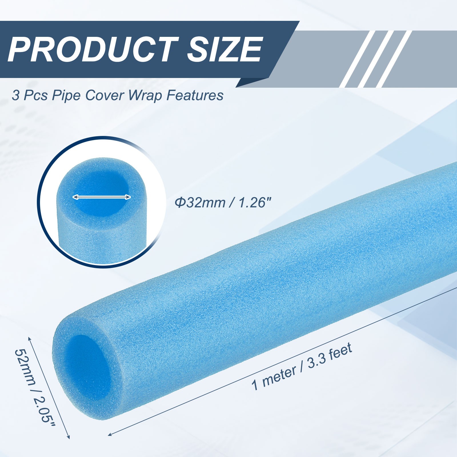 3pcs 1-1/4″ ID 3.3FT Pipe Insulation Foam Tube 2.05″ OD Tubing Cover Blue